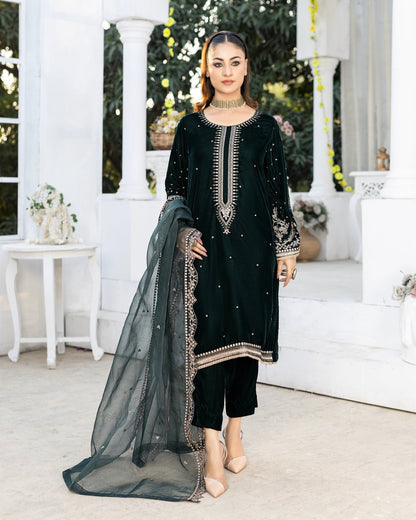 3 Pcs Emerald Green Velvet Dress
