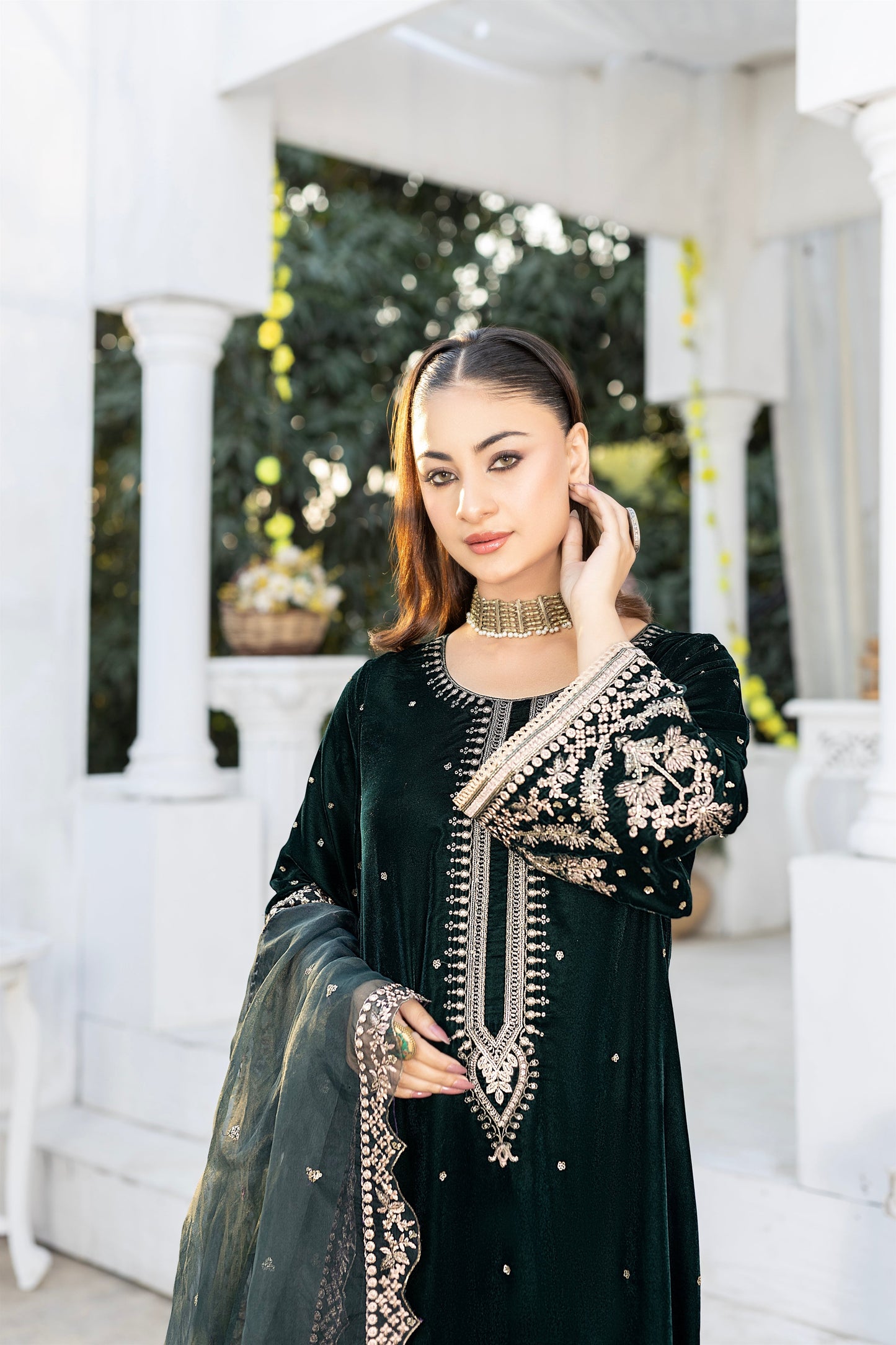 3 Pcs Emerald Green Velvet Dress