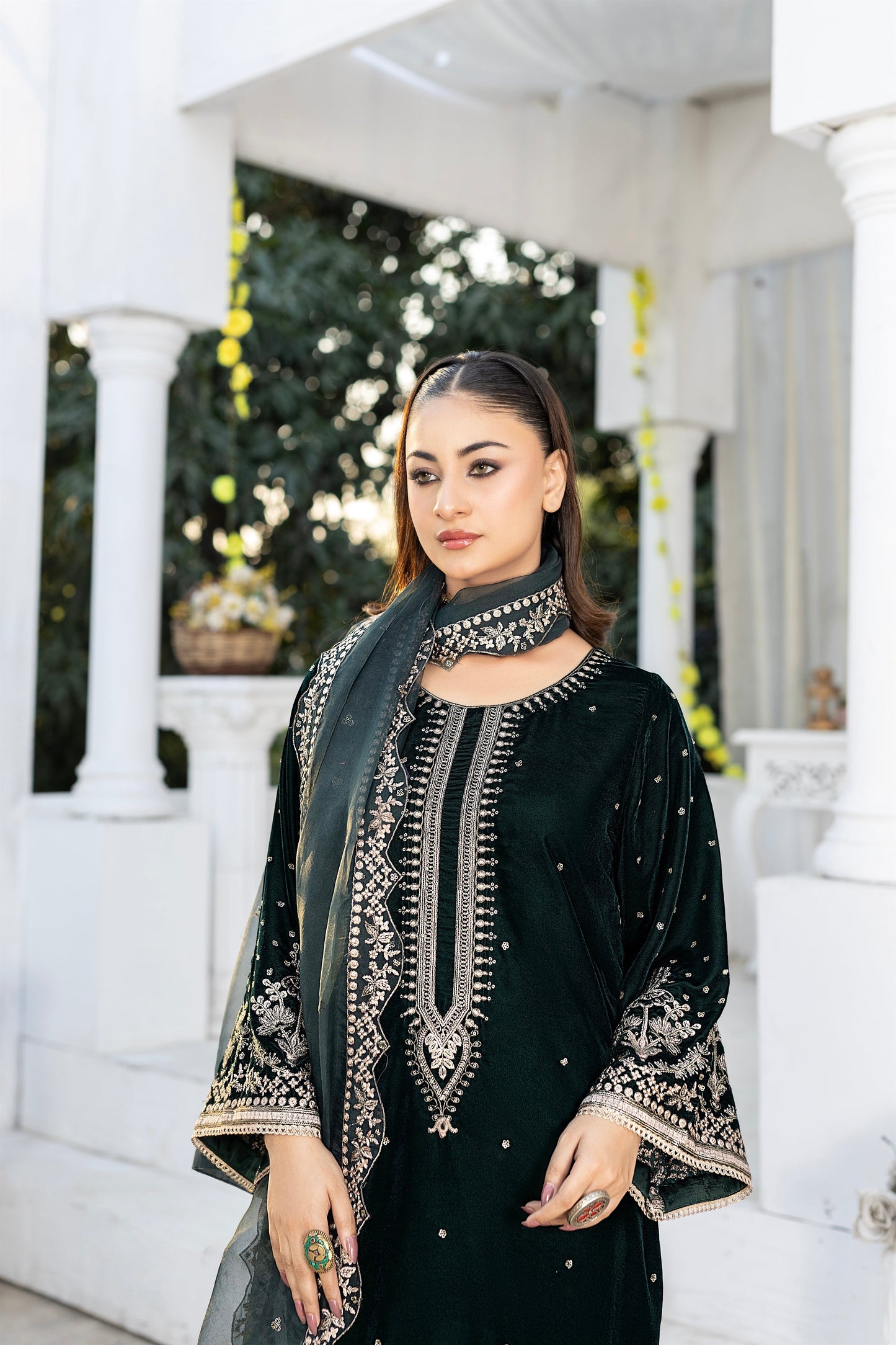 3 Pcs Emerald Green Velvet Dress