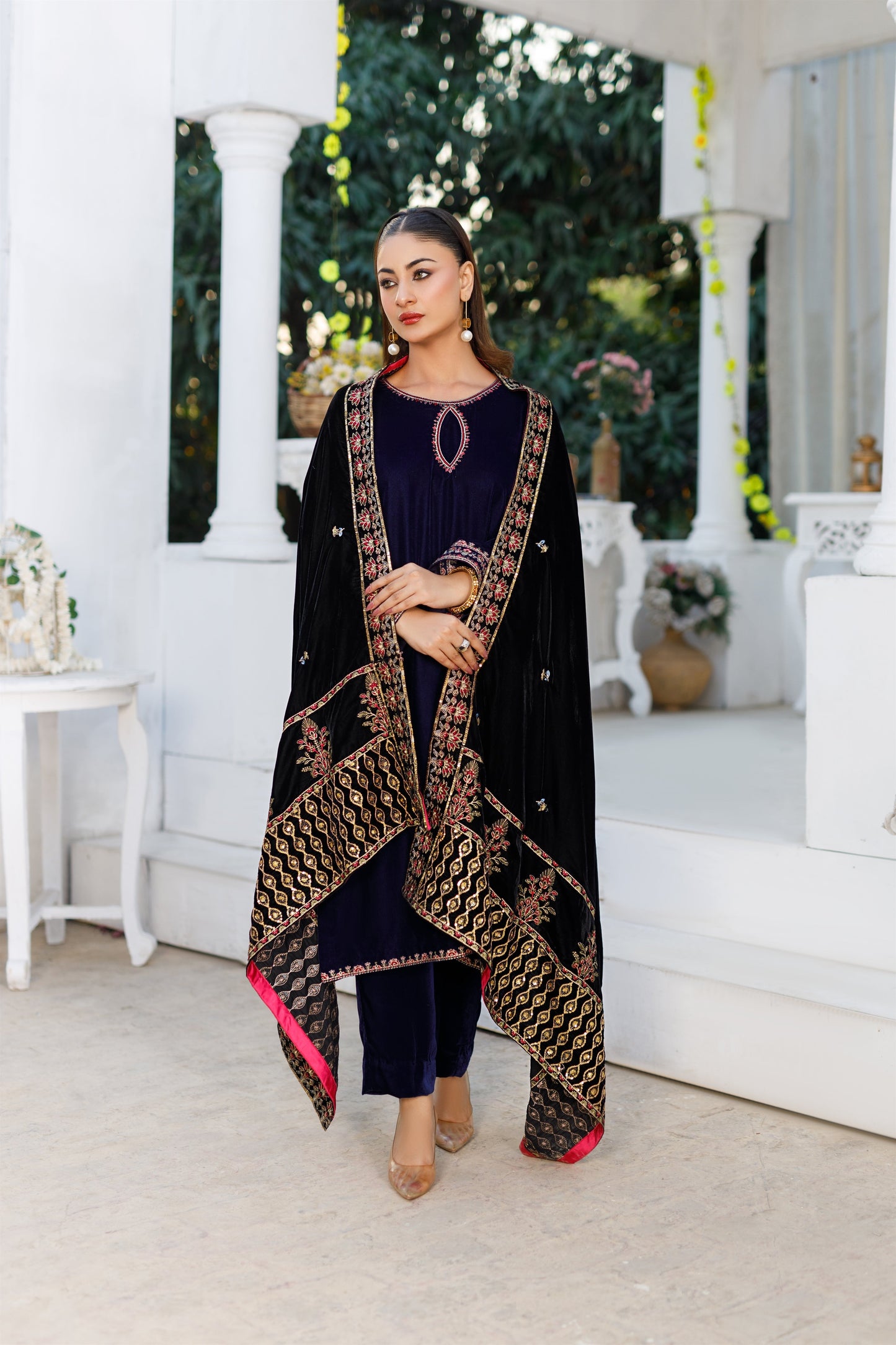 Velvet Black Shawl With Border