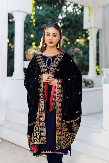 Velvet Black Shawl With Border