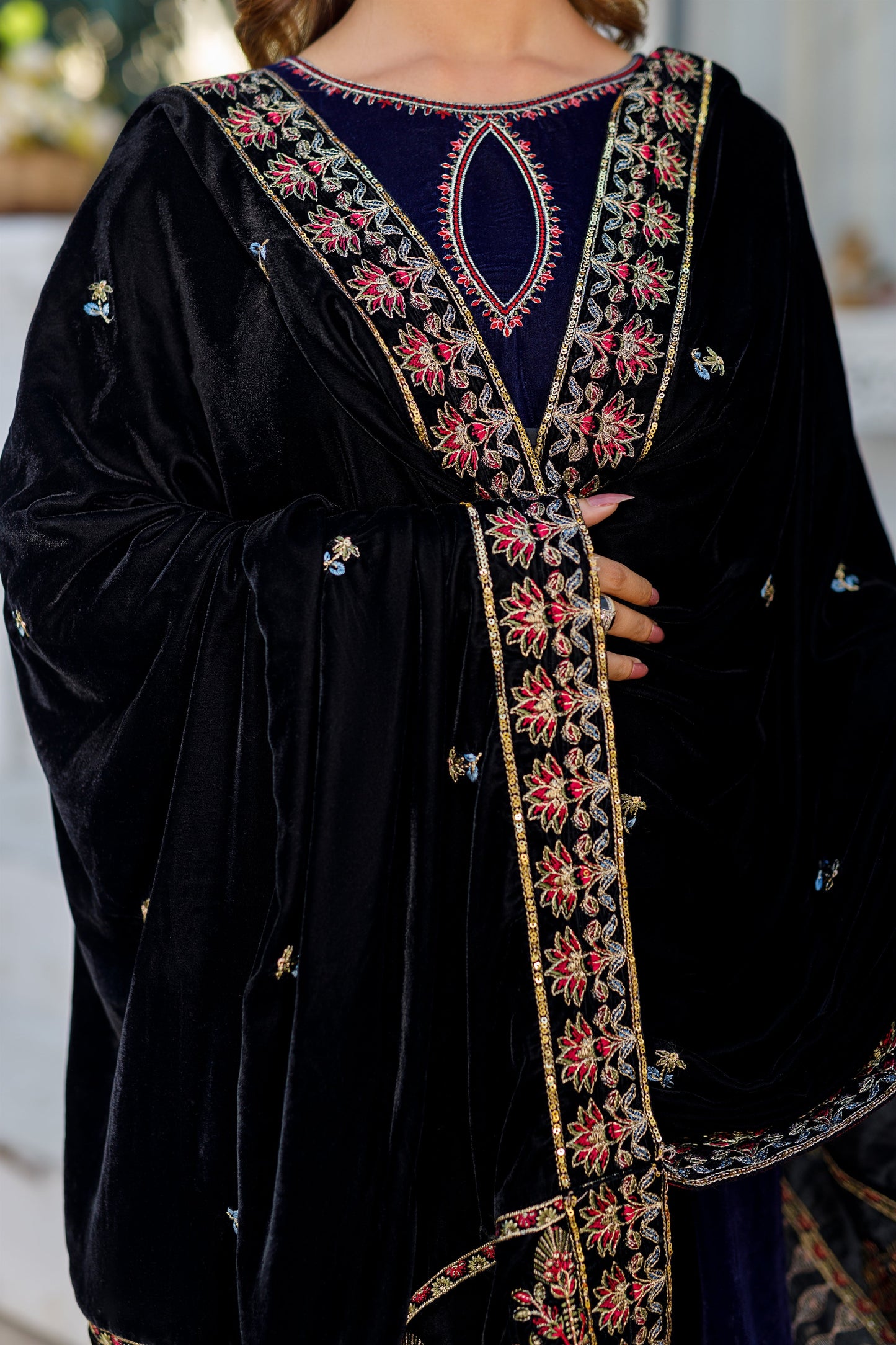 Velvet Black Shawl With Border