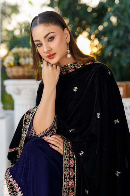 Velvet Black Shawl With Border