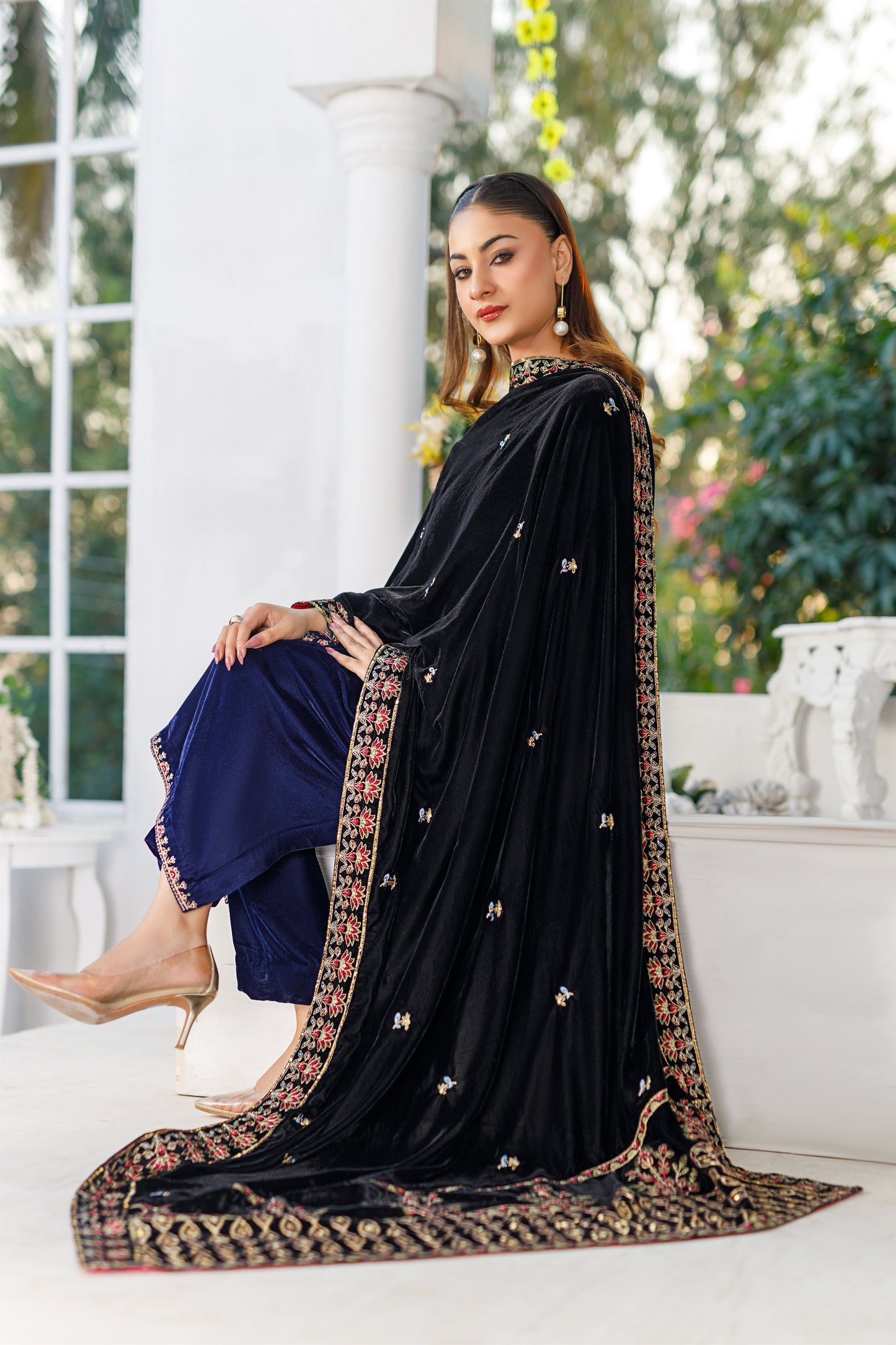 Velvet Black Shawl With Border