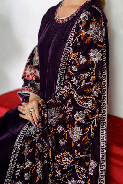 Purple Velvet Shawl with All-Over Tilla Embroidery