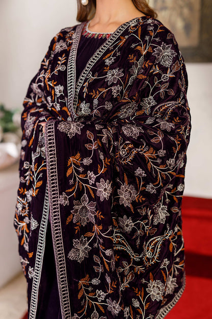 Purple Velvet Shawl with All-Over Tilla Embroidery